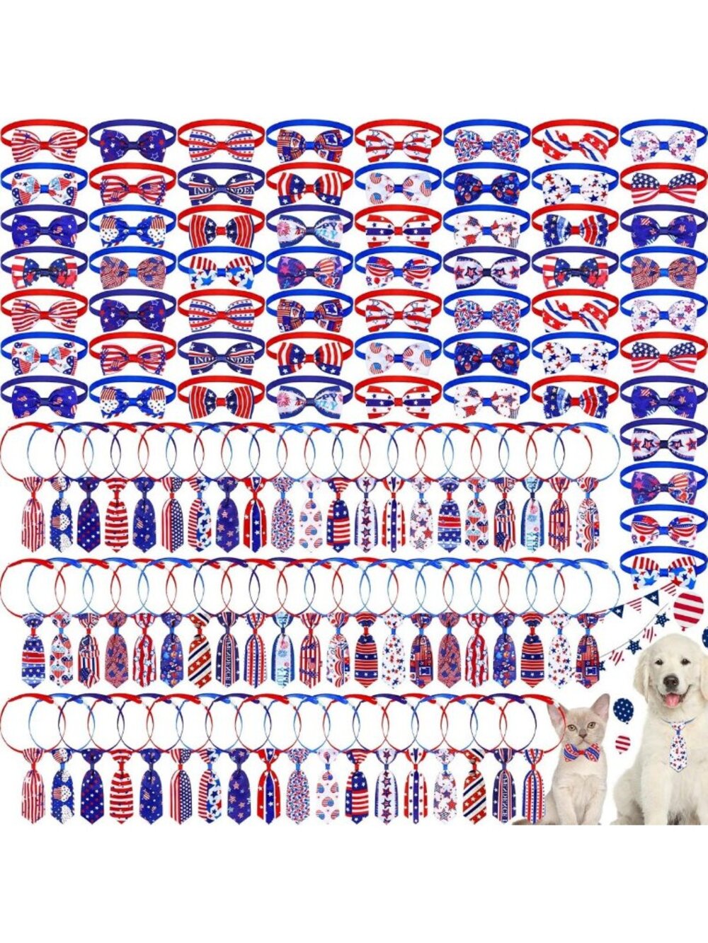 120 Pcs Patriotic Dog Bow Ties - 4th of July Red White Blue Adjustable Collars